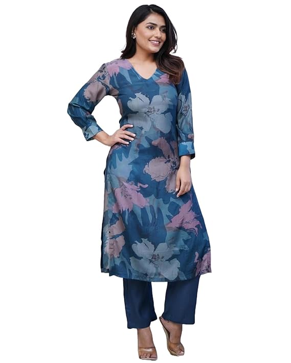 Women’s Chanderi Blend Printed Straight Kurta with Pant | Elegant Blue Ethnic Set
