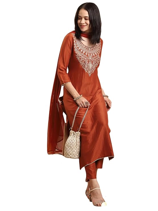 Women's Rayon Viscose Embroidered Straight Kurta with Pant & Dupatta
