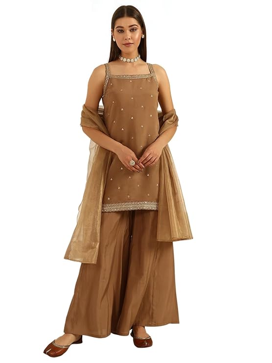 Brown Viscose Chanderi Straight Kurta with Palazzo and Dupatta