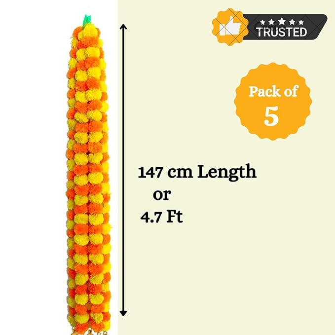 Artificial Marigold Garland Flowers for Decoration ā 5 Feet Long (Pack of 5)