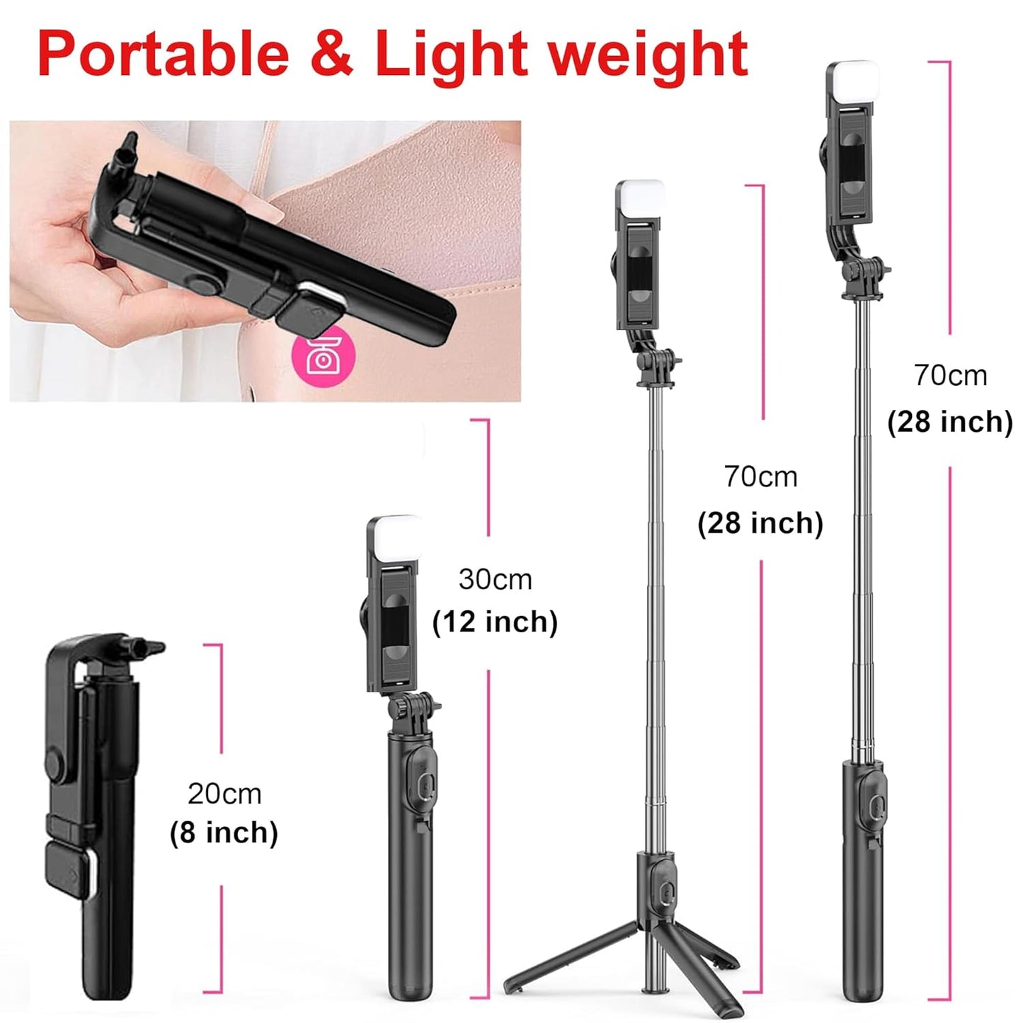 Selfie Stick with Tripod Stand, 3 in 1 Multifunctional design, Rechargable LED Light with Two Brighness Levels for Make up, Selfie, Vlogging & Photo Shoot, Selfie stick with Bluetooth Remote