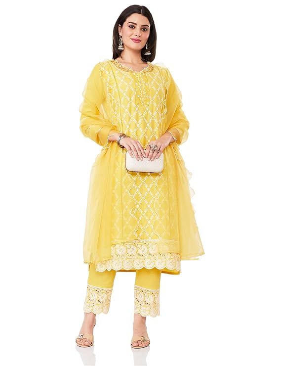 Embroidered Cotton Kurta Pant Set with Organza Dupatta