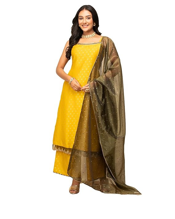 Yellow Silk Blend Straight Kurta with Palazzo and Dupatta