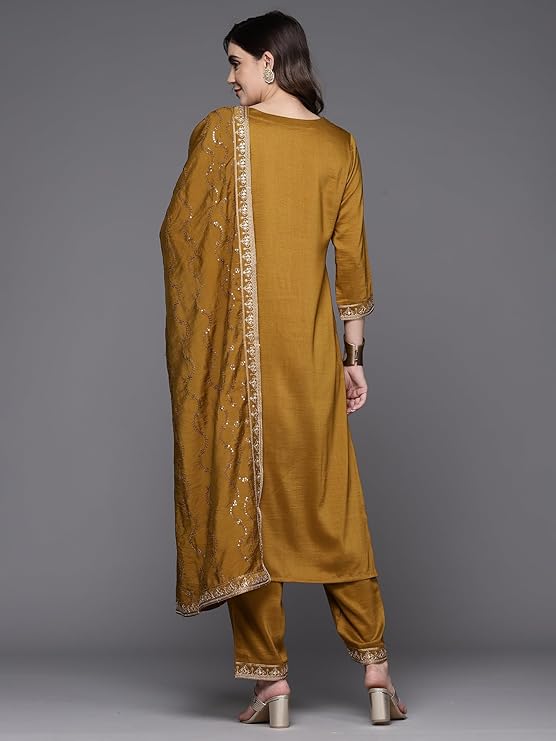 Women's Cotton Blend Embroidered Straight Kurta & Pant with Dupatta Set
