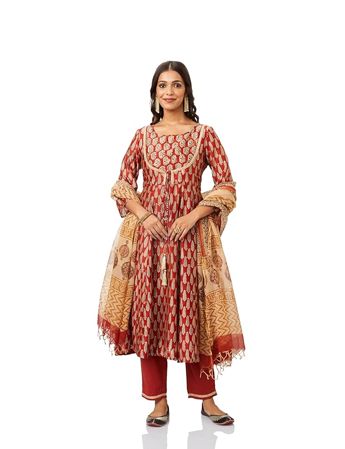 Women's Silk Chanderi Handblock Printed Authentic Kurta Set with Dupatta
