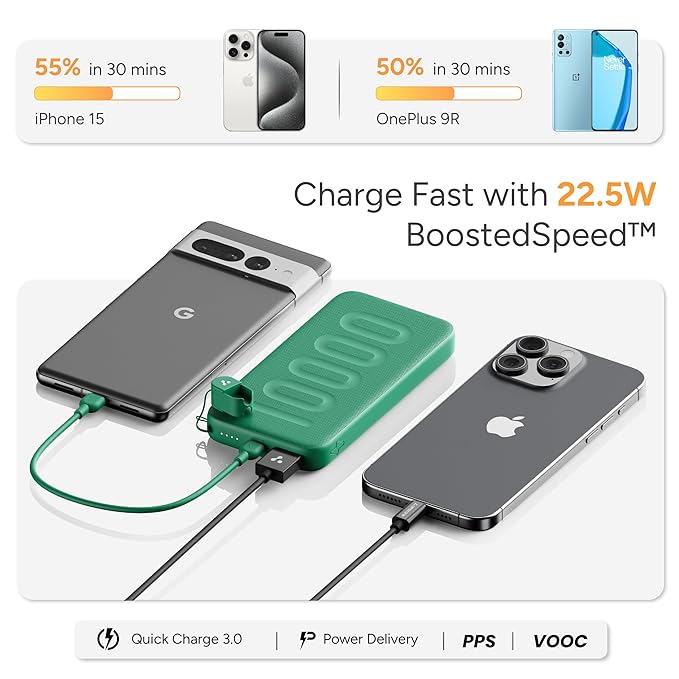 10000mAh Slim & Compact Powerbank with in-Build Type C Cable, 22.5W Fast Charging, USB & Type C Output, Power Delivery, Quick Charge for iPhone, Android & Tablets, Earbuds