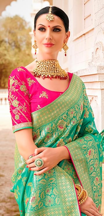 Women's Banarasi Silk Blend Zari Woven Work With Tussles Saree and Embroidered Work Blouse Piece