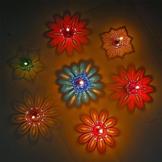 12pcs Diwali Diyas Colourful 3D Reflection Diya for Diwali Decor Flower Shape Shadow Reflective Diyas for Diwali Decoration Items for Home Decor Reusable Diwali Light