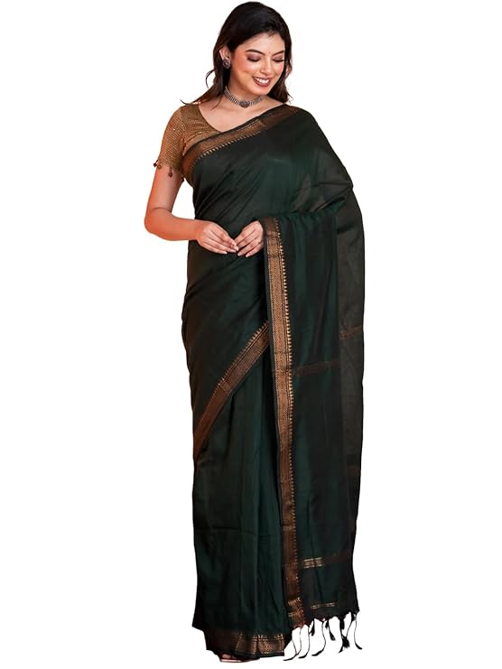 Khadi Cotton Saree for Women with Zari Gold Temple Border & Contrast Blouse Piece | Handwoven Traditional Elegant Saree
