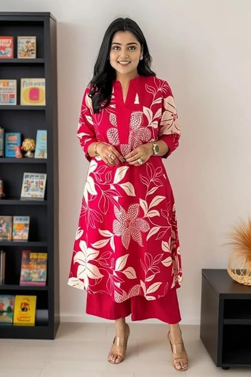 Women's Pure Cotton Printed Ethnic Wear Straight Kurta Set with Palazzo Pants