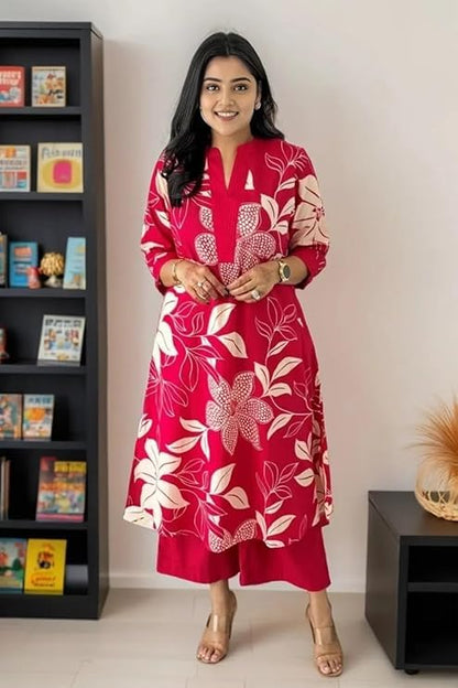 Women's Pure Cotton Printed Ethnic Wear Straight Kurta Set with Palazzo Pants