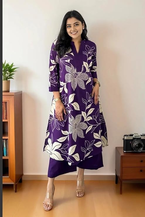 Women's Pure Cotton Printed Ethnic Wear Straight Kurta Set with Palazzo Pants