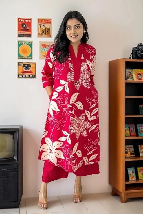 Women's Pure Cotton Printed Ethnic Wear Straight Kurta Set with Palazzo Pants