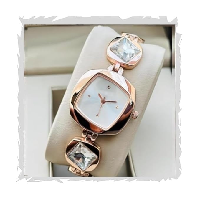 Rosegold Color Luxury White Dial Square Case Stone Studded Brecelet Strap Quartz Analog Wrist Watches For Women'S Girls Miss Ladies Pack Of 1