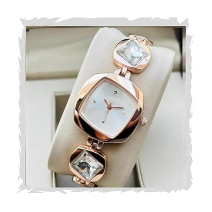 Rosegold Color Luxury White Dial Square Case Stone Studded Brecelet Strap Quartz Analog Wrist Watches For Women'S Girls Miss Ladies Pack Of 1