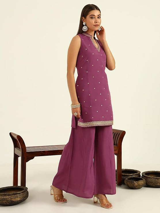 Lavender Viscose Chanderi Straight Kurta with Palazzo and Dupatta