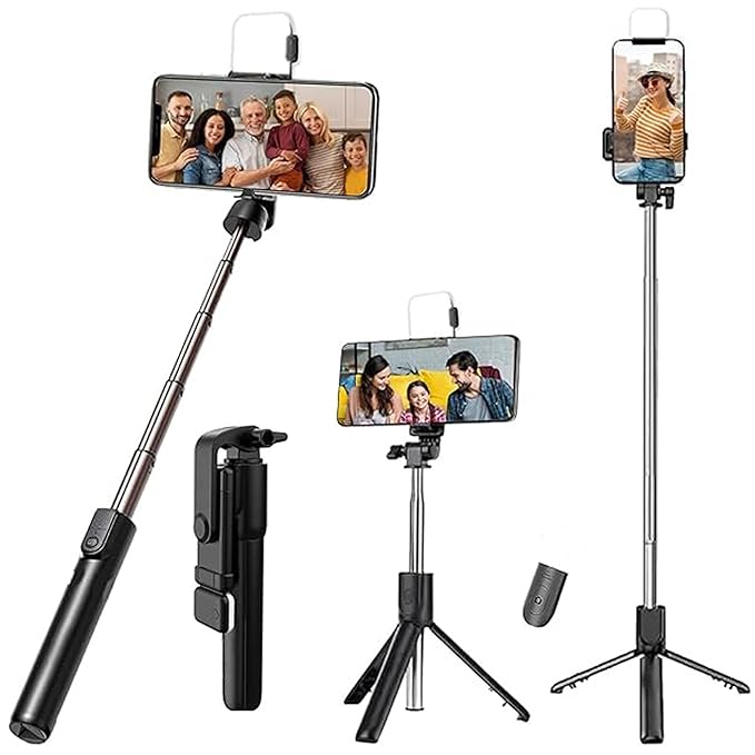 Selfie Stick with Tripod Stand, 3 in 1 Multifunctional design, Rechargable LED Light with Two Brighness Levels for Make up, Selfie, Vlogging & Photo Shoot, Selfie stick with Bluetooth Remote