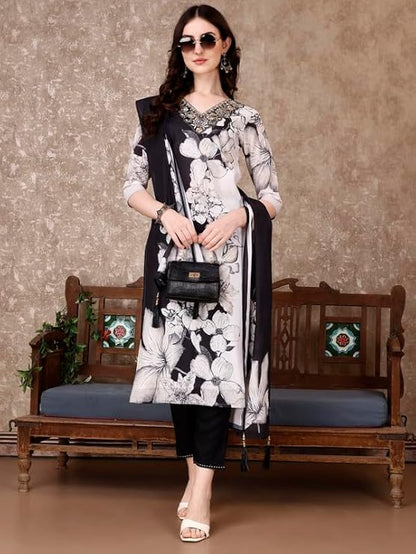 Embroidered Regular Thread Work Kurta Trousers with Dupatta for Womens