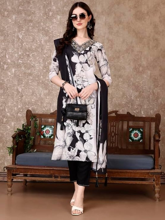 Embroidered Regular Thread Work Kurta Trousers with Dupatta for Womens