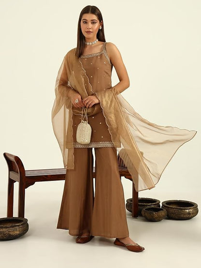 Brown Viscose Chanderi Straight Kurta with Palazzo and Dupatta