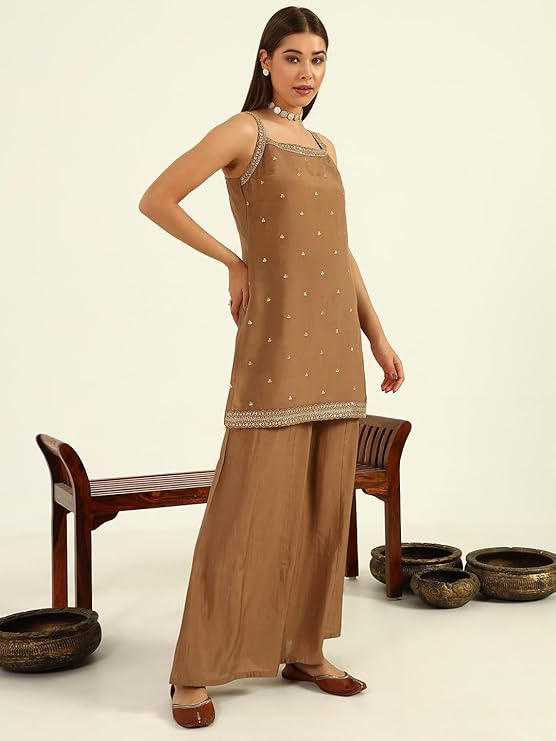 Brown Viscose Chanderi Straight Kurta with Palazzo and Dupatta