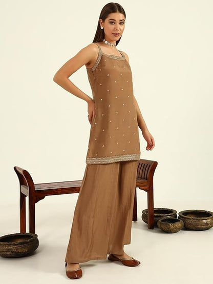 Brown Viscose Chanderi Straight Kurta with Palazzo and Dupatta