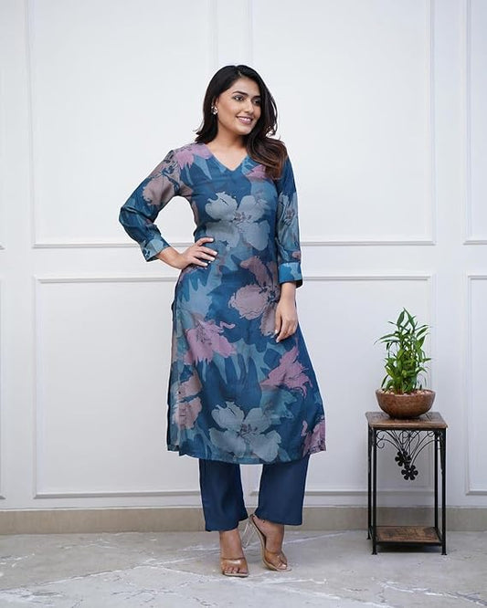 Women’s Chanderi Blend Printed Straight Kurta with Pant | Elegant Blue Ethnic Set
