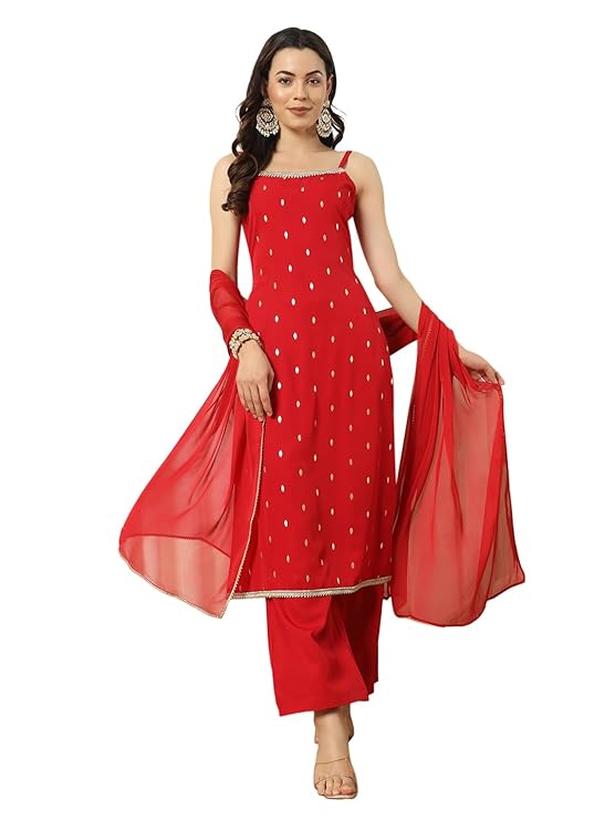 Women's Red Crepe Kurta and Palazzo Set with Matching Dupatta
