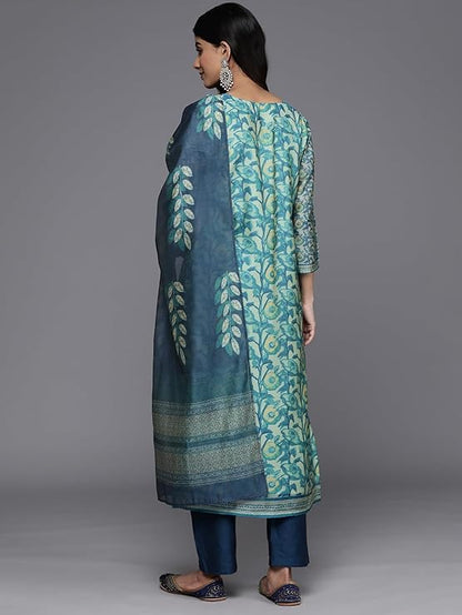 Women's Silk Blend Floral Printed Kurta Set with Bottom and Printed Dupatta