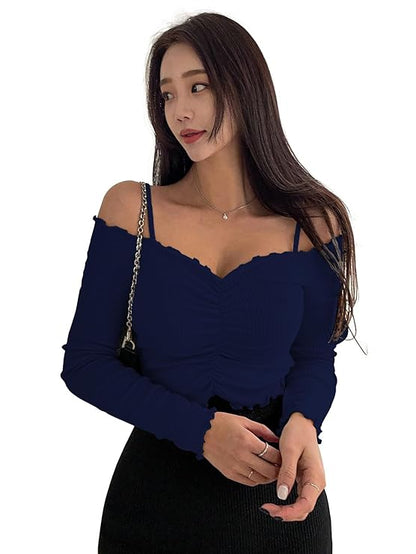 Women's Purple Solid Colour Open Cold Off Shoulder Long Sleeve Lettuce Hem Casual Autumn Trim Tight- Slim Fitting Ruched Front Ladies' Camisole Top, Tee, T-Shirt