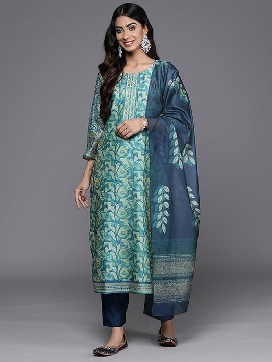 Women's Silk Blend Floral Printed Kurta Set with Bottom and Printed Dupatta