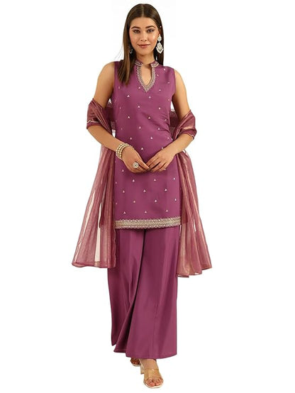 Lavender Viscose Chanderi Straight Kurta with Palazzo and Dupatta