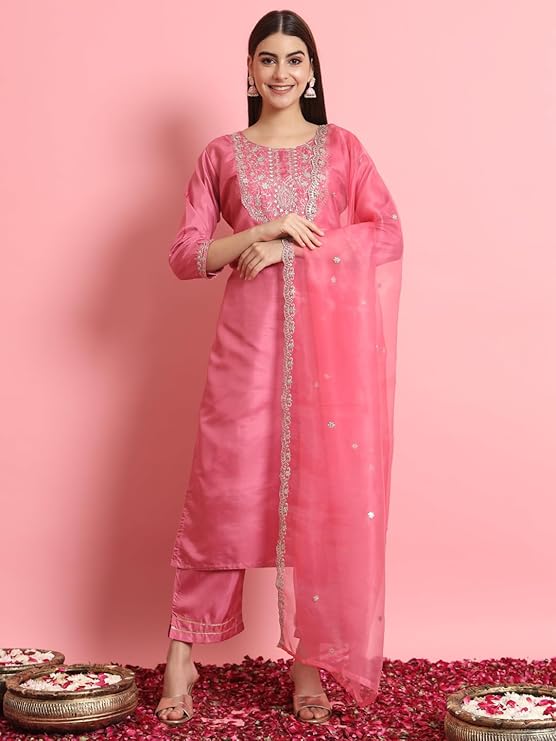 Women's Silk Blend Embroidered Kurta with Pant & Dupatta Set
