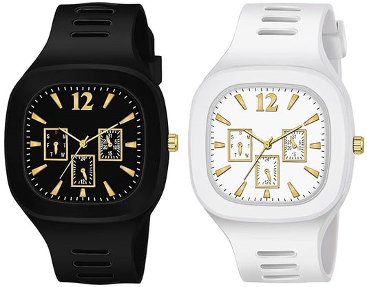 Premium Square 8 Colours Multi DIAL Strap Analog Silicon Strap ADDI Stylish Designer Analog Watch Combo for Boys Mens Pack of 2