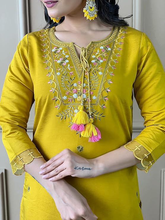 Mustard Chanderi with Cotton Lining Embroidered Straight Kurta with Chanderi Silk Pant and Crep Silk Printed Dupatta Sets
