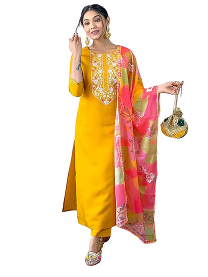 Rayon Embroidered Straight Kurta with Pant and Dupatta