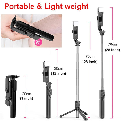 Selfie Stick with Tripod Stand, 3 in 1 Multifunctional design, Rechargable LED Light with Two Brighness Levels for Make up, Selfie, Vlogging & Photo Shoot, Selfie stick with Bluetooth Remote