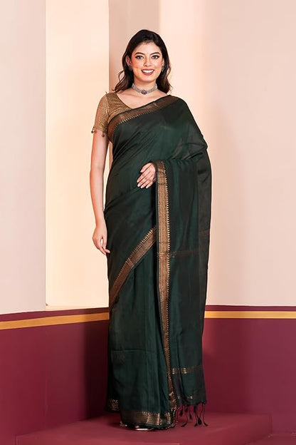 Khadi Cotton Saree for Women with Zari Gold Temple Border & Contrast Blouse Piece | Handwoven Traditional Elegant Saree