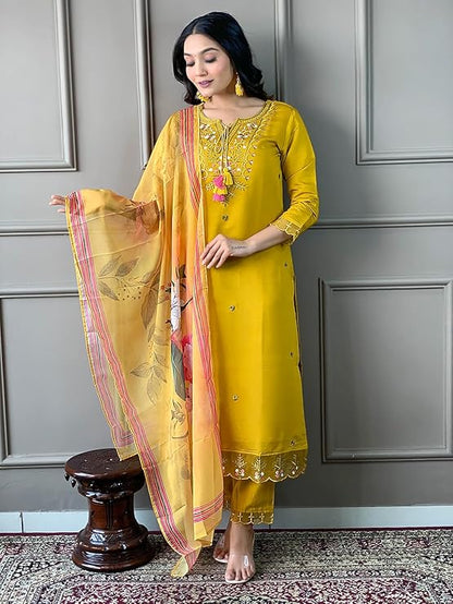 Mustard Chanderi with Cotton Lining Embroidered Straight Kurta with Chanderi Silk Pant and Crep Silk Printed Dupatta Sets