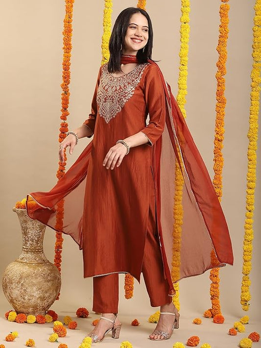 Women's Rayon Viscose Embroidered Straight Kurta with Pant & Dupatta