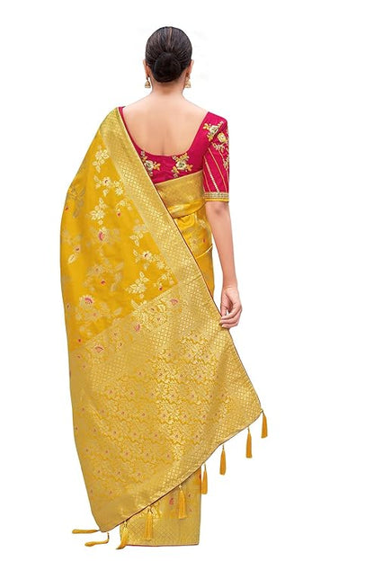 Women's Banarasi Silk Blend Zari Woven Work With Tussles Saree and Embroidered Work Blouse Piece