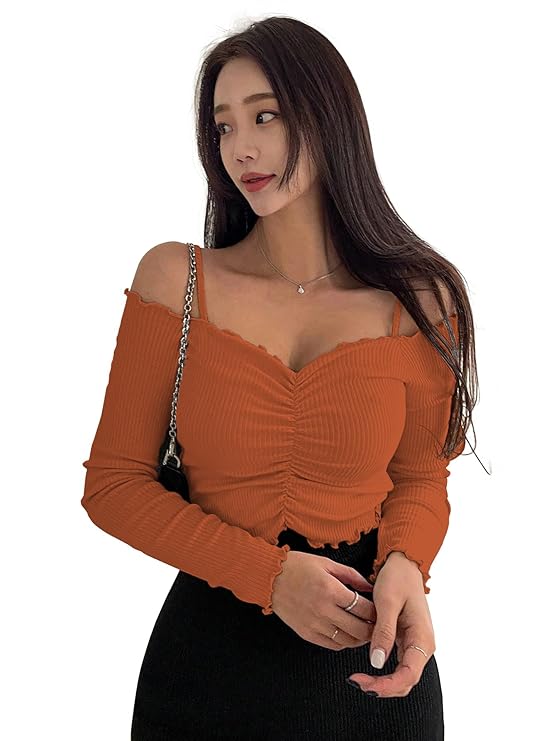 Women's Purple Solid Colour Open Cold Off Shoulder Long Sleeve Lettuce Hem Casual Autumn Trim Tight- Slim Fitting Ruched Front Ladies' Camisole Top, Tee, T-Shirt