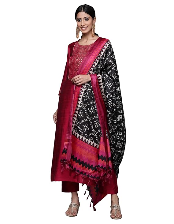 Magenta Silk Kurta Set for Women – Elegant Woven Yoke, Gota Embellishment, Elasticated Trouser, Side Slits – Stylish & Comfortable Ethnic Wear