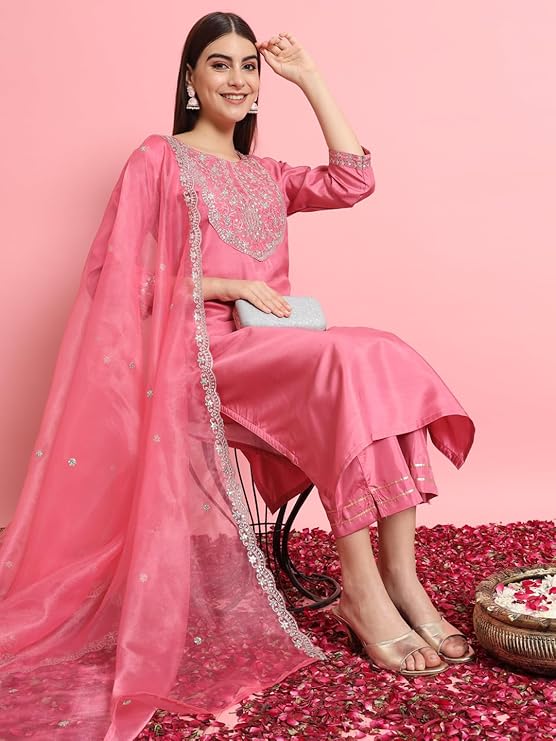 Women's Silk Blend Embroidered Kurta with Pant & Dupatta Set