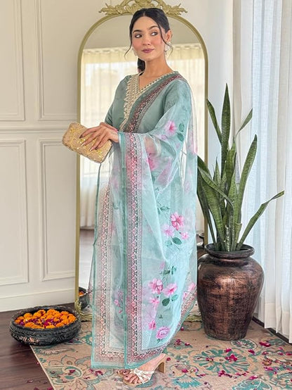 Women's Rayon Embroidered Straight Kurta with Pant and Dupatta Sets