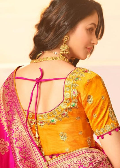 Women's Banarasi Silk Blend Woven Work Tussles Saree With Unsttiched Blouse Piece