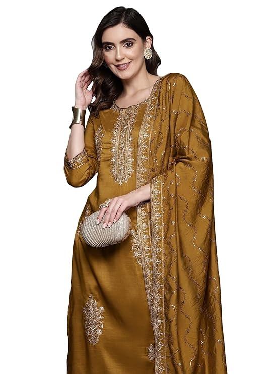 Women's Cotton Blend Embroidered Straight Kurta & Pant with Dupatta Set