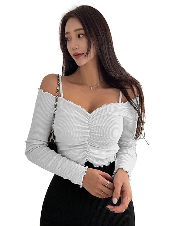 Women's Purple Solid Colour Open Cold Off Shoulder Long Sleeve Lettuce Hem Casual Autumn Trim Tight- Slim Fitting Ruched Front Ladies' Camisole Top, Tee, T-Shirt