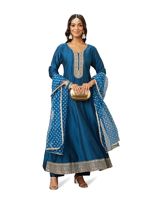 Embroidered Anarkali Kurta Pant Set with Organza Dupatta