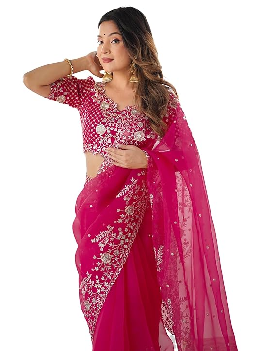 Women's Organza Sequence Embroidery Saree With Unstitched Blouse Piece